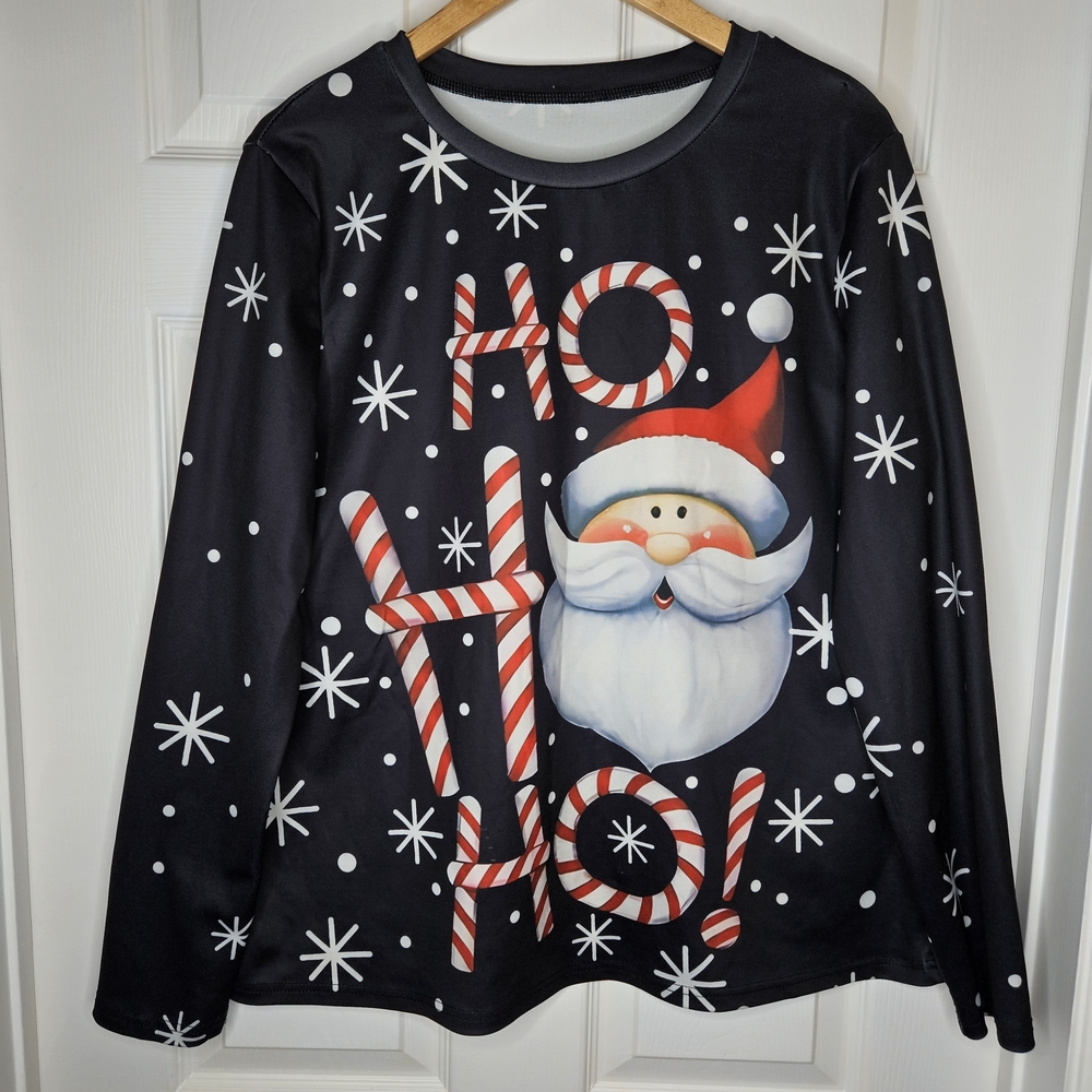Christmas Santa Claus Ho Ho Ho Long Sleeve Shirt Black Red White Holiday Size XL
